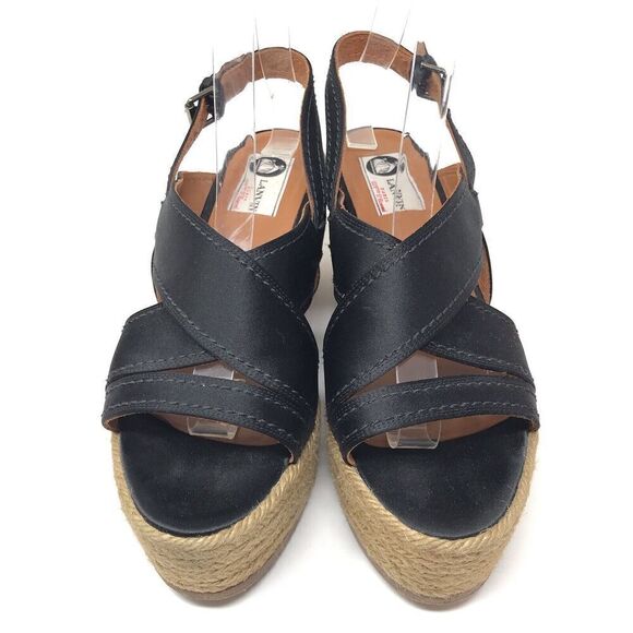 Lanvin Black Satin Wedge Platform Sandal Espadrille Heel Women’s Size 37.5 6 - Picture 4 of 13
